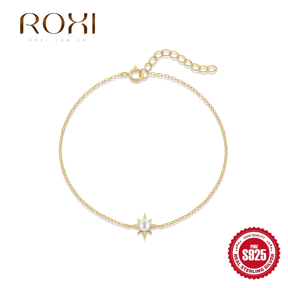 ROXI 925 Sterling Silver Pearl Sunflower Bracelet For Women INS Eight-pointed Star Chain Fine Jewelry Valentine's Day Gifts