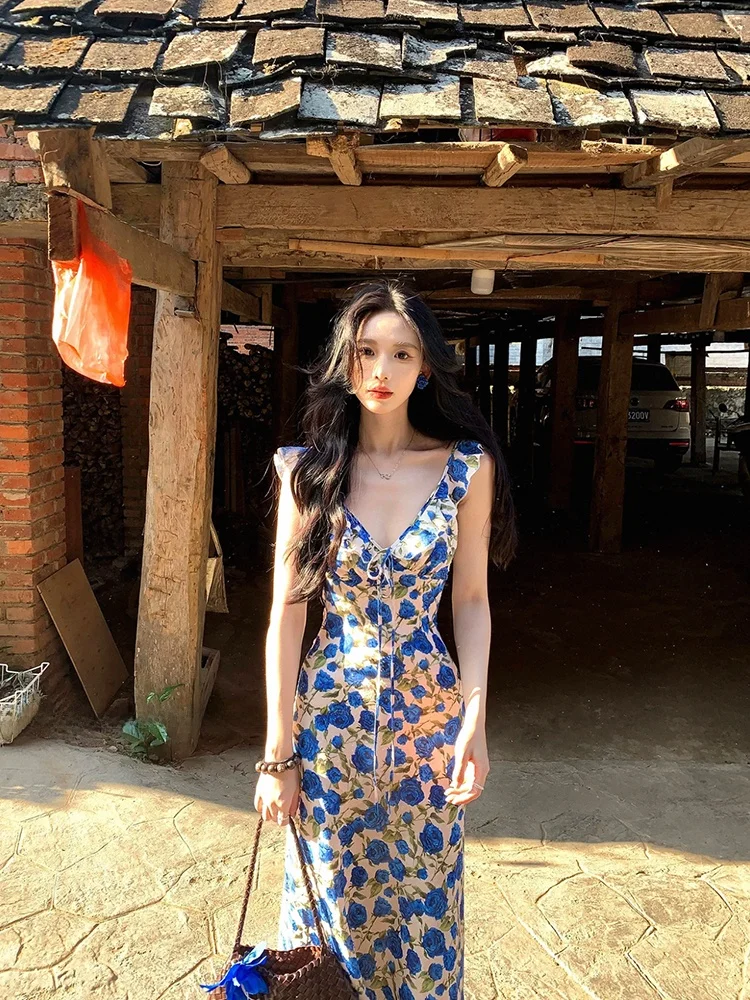 

Blue V-neck Floral Print Strapless Dress Women's Slimming Spring Summer Elegant Long Dress Casual Vacation Style Gown