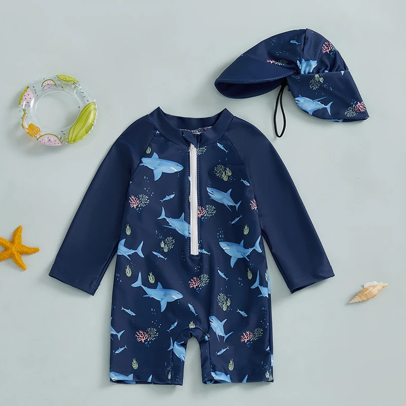 Toddler Baby Boys Swimsuit Rash Guard Swimwear Shark Long Sleeve 1-Piece Zip Up Jumpsuit +Sunhat Bathing Suit