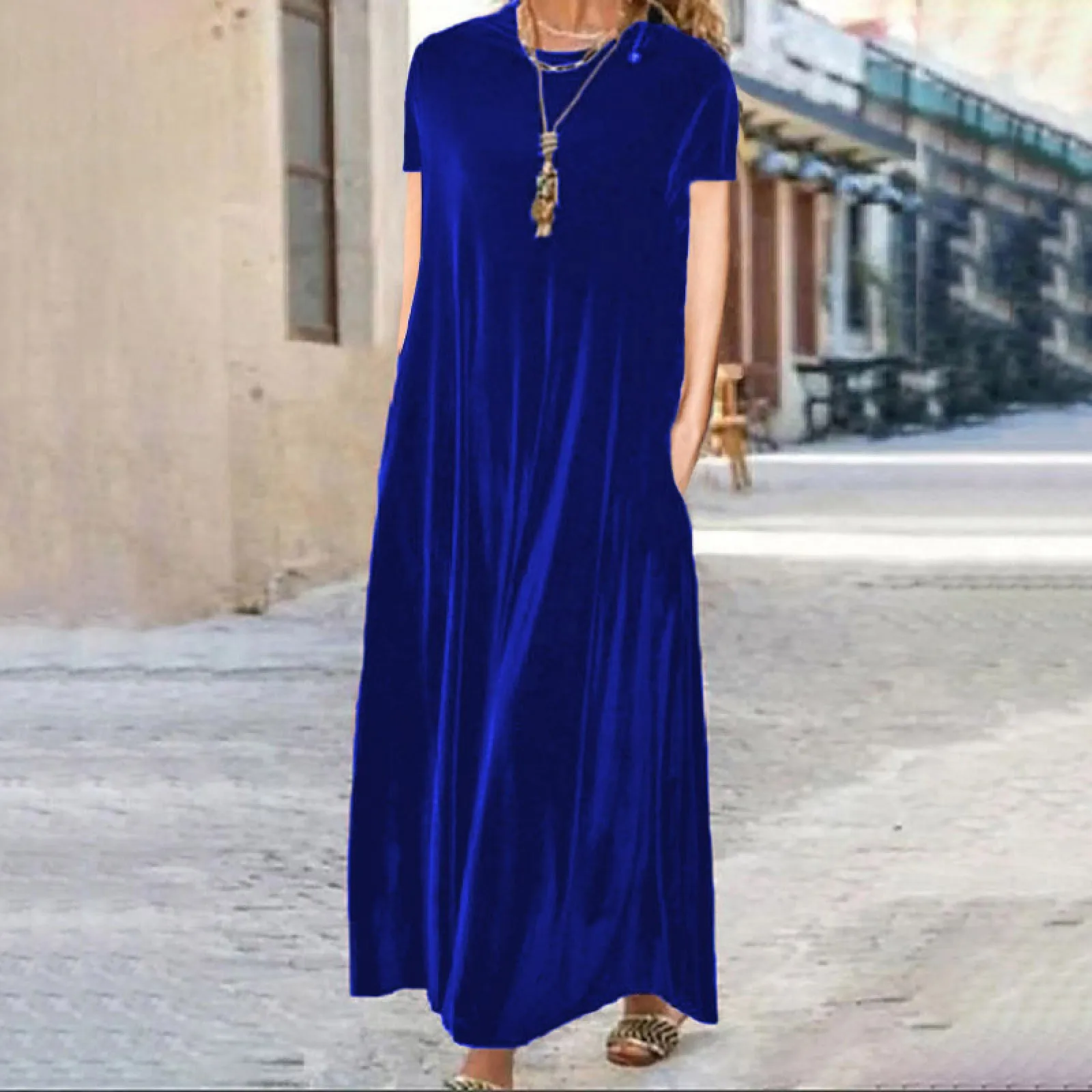 Vestido elegante de manga larga con cuello redondo para mujer, ropa informal de Color liso a la moda, vestidos Maxi de terciopelo para primavera y verano, 2024