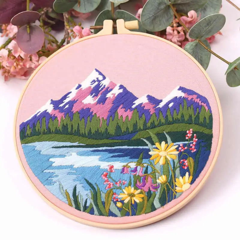 Embroidery Starter Kit With Spring Landscape Cross Stitch Set Flowers Plant Paiting Embroidery Kits DIY Stitching Art Needlework