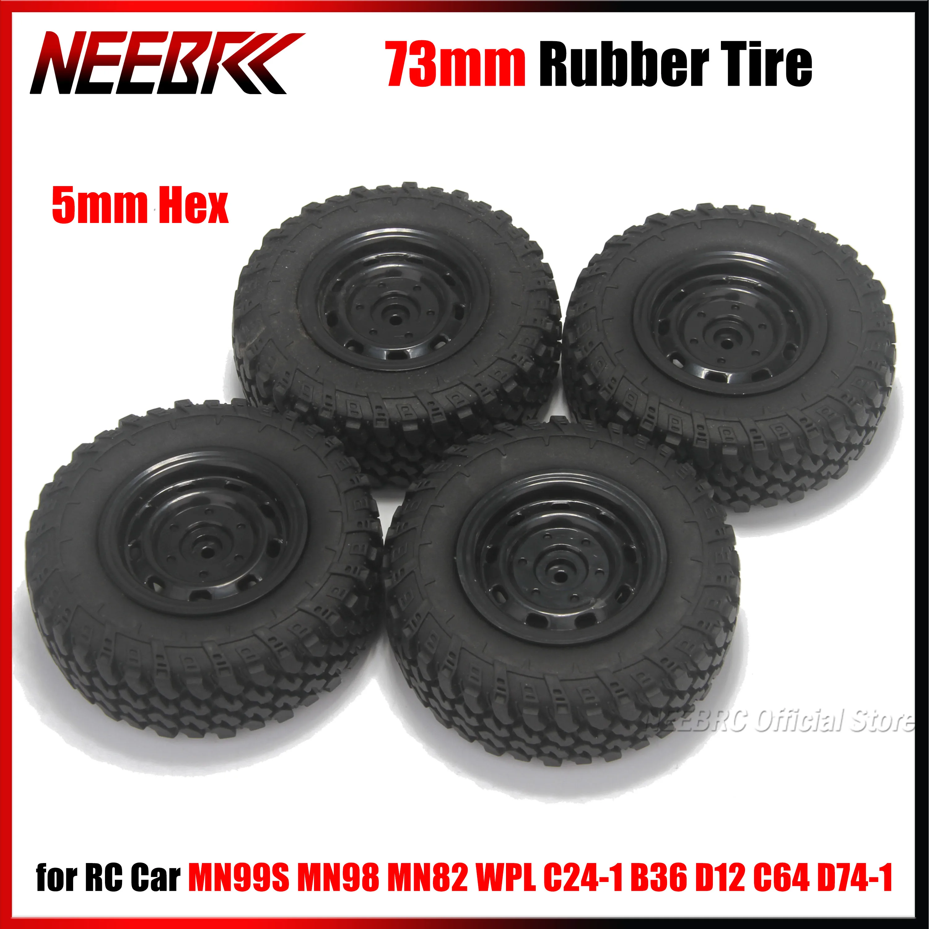 

4PCS Rubber Tire Tyre 73mm Wheel Rim 5mm Hex Hub for RC Off Road Vehicle Car MN99S MN98 MN82 WPL C24-1 B36 D12 C64 D74-1 Part