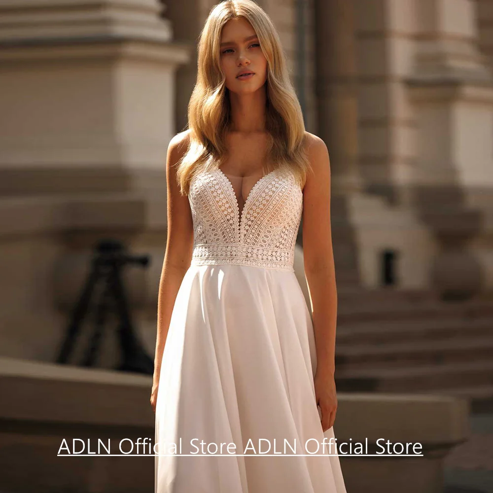 فستان زفاف بوهو مثير من فيستدوس دي نوفيا مخصص على شكل حرف V أشرطة سباغيتي دانتيل شيفون فستان زفاف الشاطئ فساتين العروس