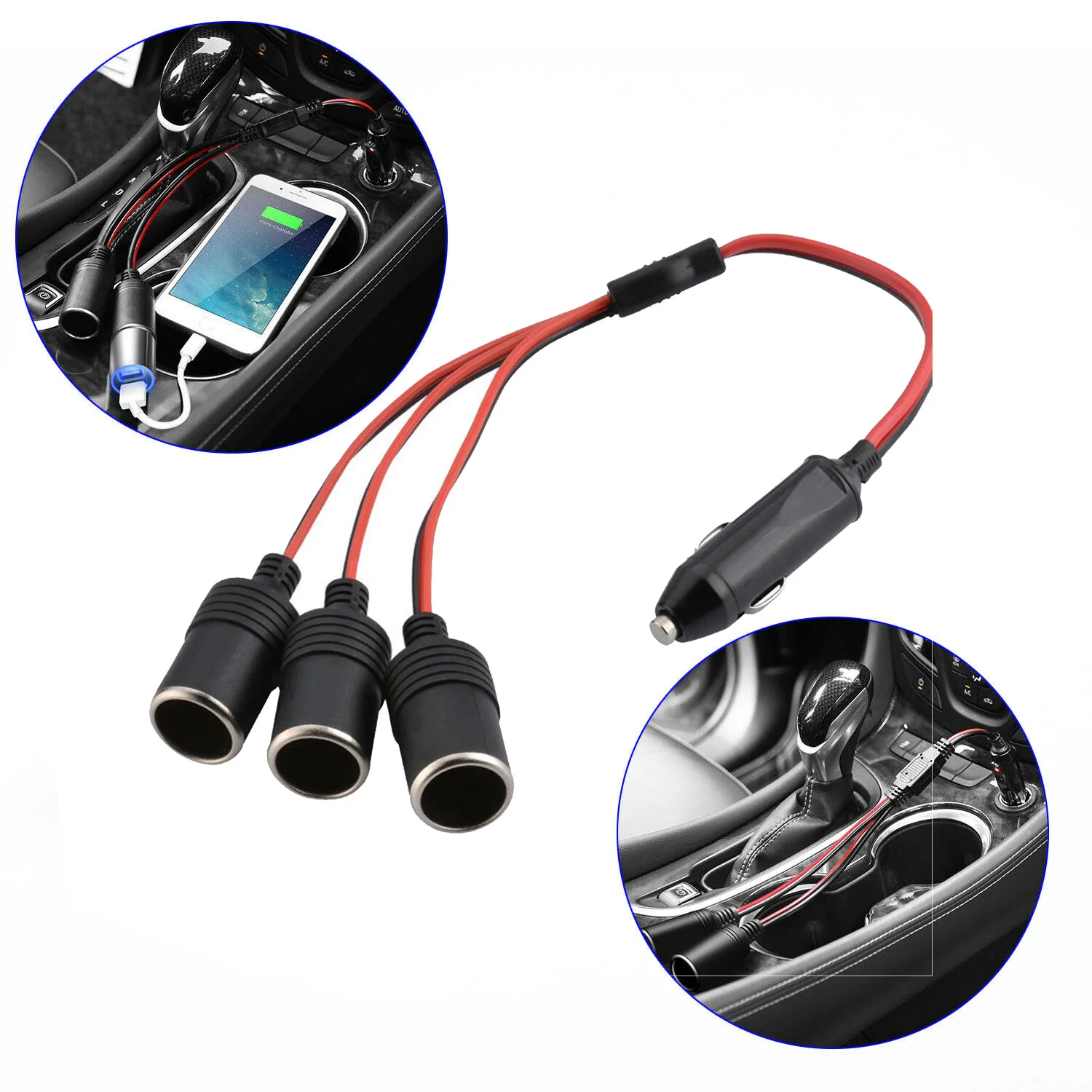 

Universal 12-24V 180W With Fuse Black+Red High Power 1 to 3 Way Car Charger Cigarette Lighter Plug Socket Splitter Adapter