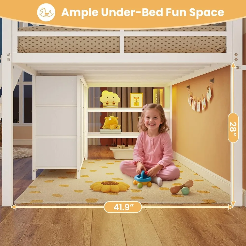 เตียงสองชั้นสำหรับเด็ก, เตียงสองชั้นขนาดเล็กพร้อมตู้เก็บของ 9 ช่อง, ไฟ LED, ชั้นวางของ 2 ชั้นและบันได, โครงโลหะสีขาว