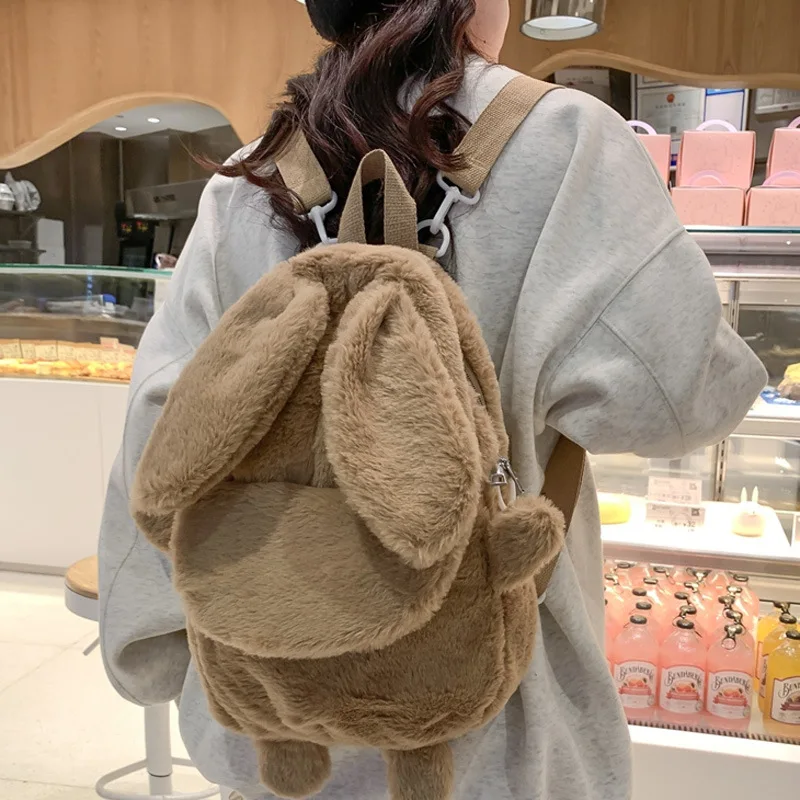

Милый плюшевый рюкзак с кроличьими ушками для студенток, повседневный однотонный школьный рюкзак для девочек, женский вместительный дорожный рюкзак, городской рюкзак