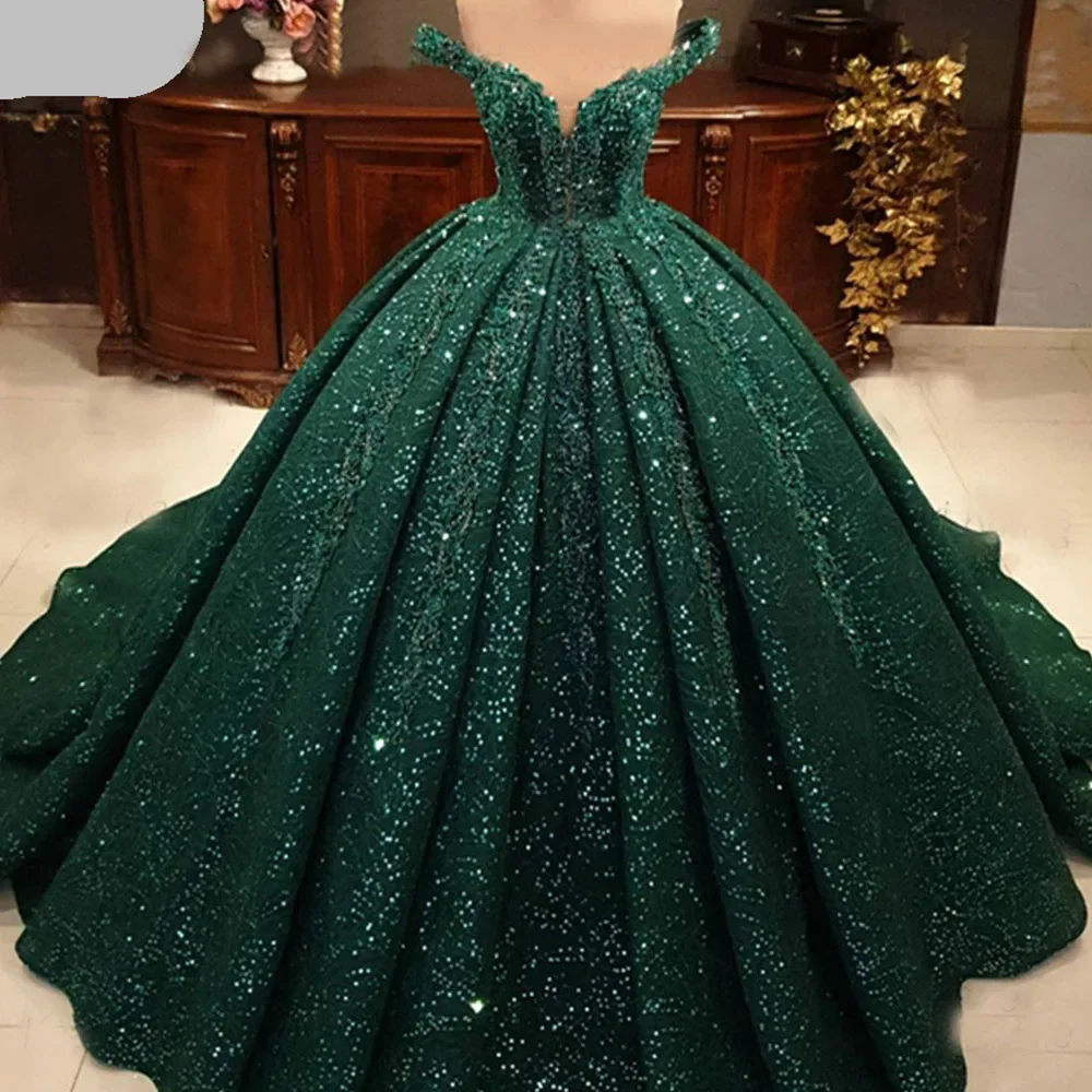 customized Arabic Green Sequins Beading Wedding Dresses Sexy Off Shoulder Lace Applique Evening Party Gowns Vestido De Noche