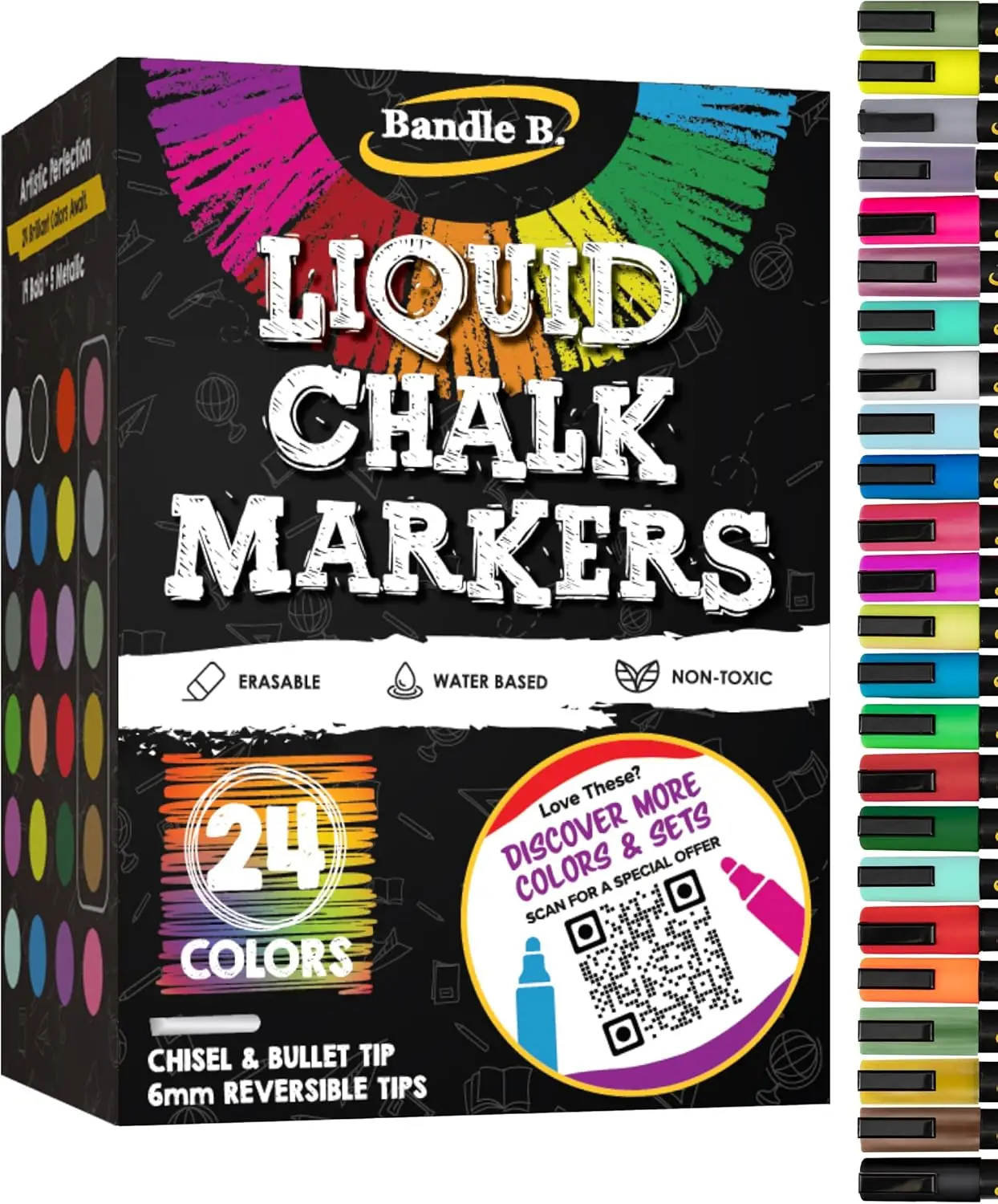 

24 ярких стираемых нетоксичных меловых маркера для стекла или доски, с двусторонними наконечниками, на водной основе (6 мм)