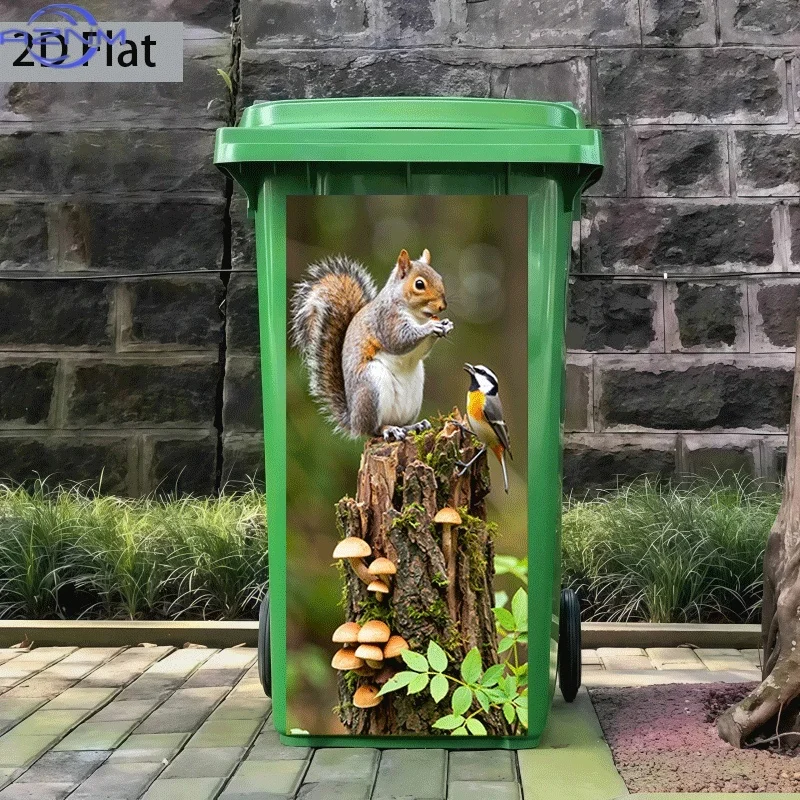 Trash Can Sticker Squirrel and Bird Sharing a Meal Themed Design Self-Adhesive Wall Decal Wallpaper Kitchen Trash Can Decorat