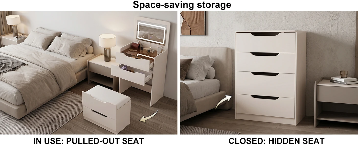 3 in 1 Hidden Vanity Desk with Flip Top LED Mirror, 3 Color Lighting, Compact Vanity with 3 Drawers, Glass Top & Hidden Storage Chair, Modern Small Dressing Table Nightstand for Bedroom, White