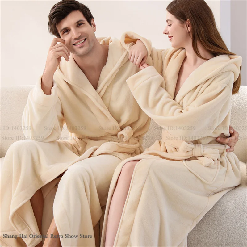 Thicken Flannel Couple Long Robe Sleepwear Hooded Bathobe Homewear Autumn Winter New Night Wear Loungewear Coral Fleece Pajama