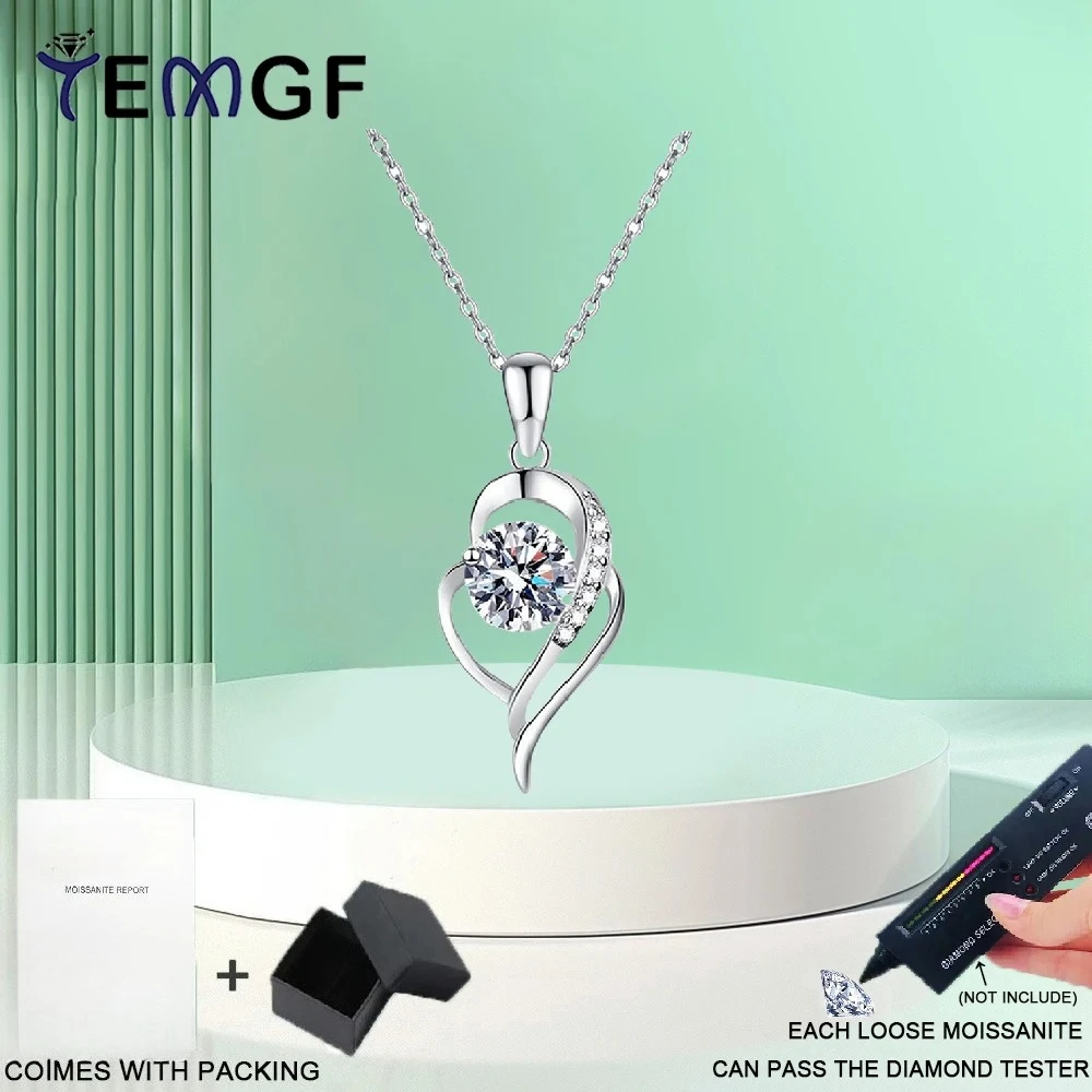 

TEMGF S925 Sterling Silver Heart Shape Pendant Necklace 6.5mm Moissanite/Zircon Sparkling Fine Jewelry Couple Eternal Love Gift