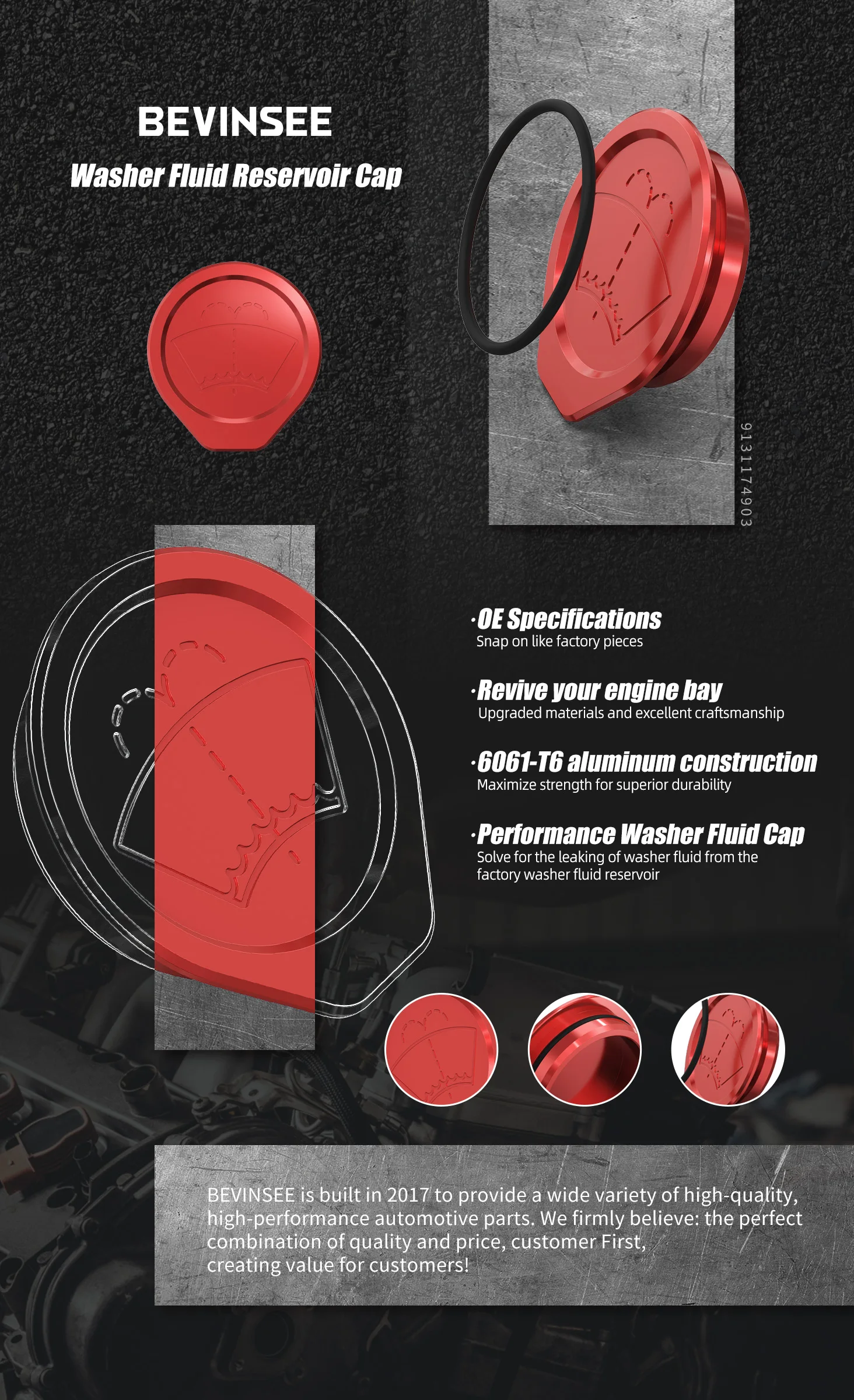 BEVINSEE Aluminium-Scheibenreinigerbehälterdeckel mit O-Ring für BMW E46 320d 330d 320i 323i 325i 330i, Ersatz für 61667007970 – Detail 3