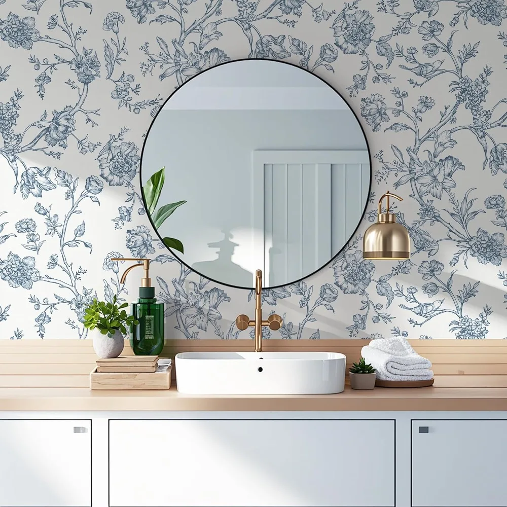 Papel de parede removível com pássaros florais, azul e branco, papel de contato autoadesivo para paredes