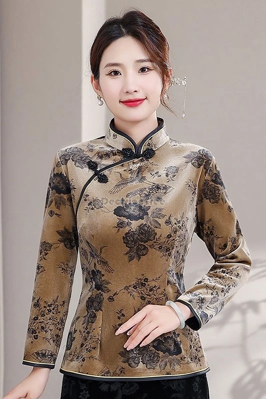 

2025 новый бархатный костюм для похудения в китайском национальном стиле в стиле ретро, элегантная блузка Cheongsam с воротником-стойкой и длинными рукавами