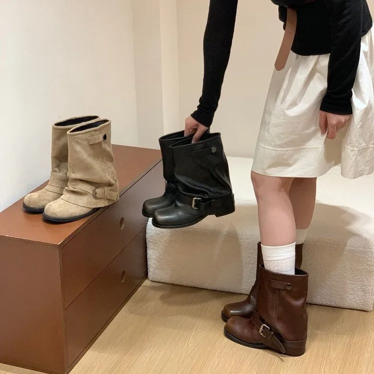 

Women's Flat Mid-Calf Slouch Boots - 2025Wrinkle Detail Ankle Boots, Retro Korean Style Shoes