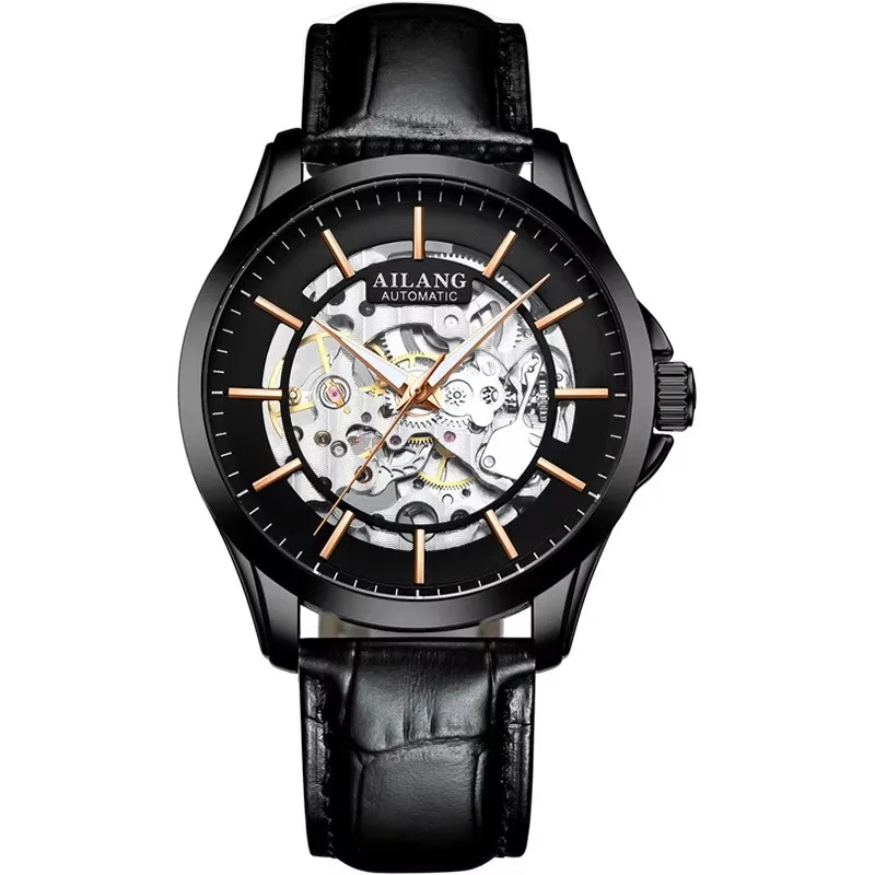 AILANG Black Skeleton Watches Men Top Brand Luxury Automatic Mechanical Male Watch Leather Waterproof Luminous Reloj Hombre