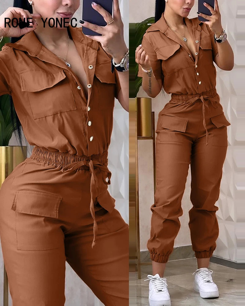 2024 Women Solid Turn Down Collar  Elastic Waist Drawstring Hidden Button Multi Pockets Short Sleeves Working Jumpsuit