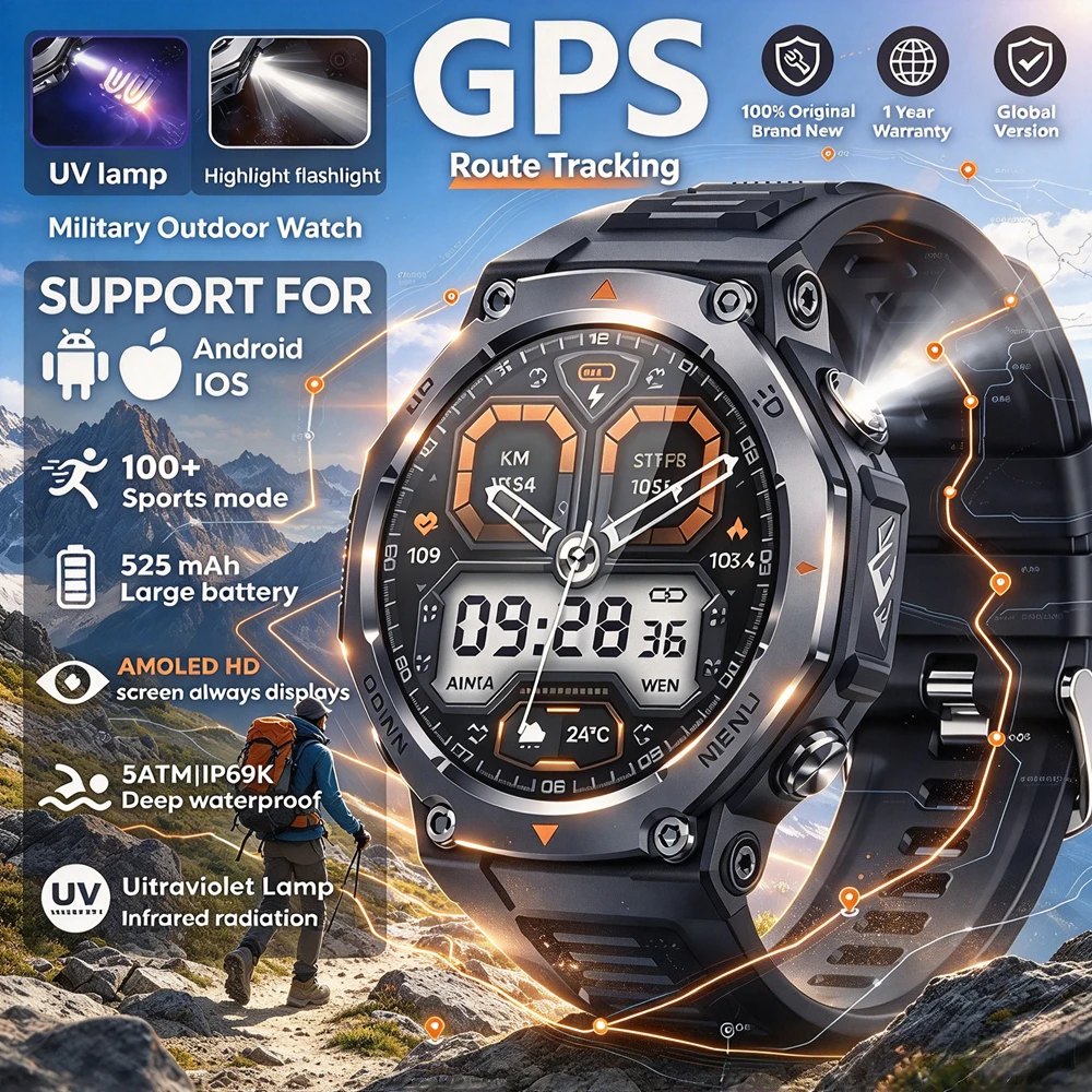 KT85 Military Smart Watch GPS Motion Track 5 ATM Waterproof Heart Rate Bluetooth Call AMOlED Sports Watch with LED Highlight