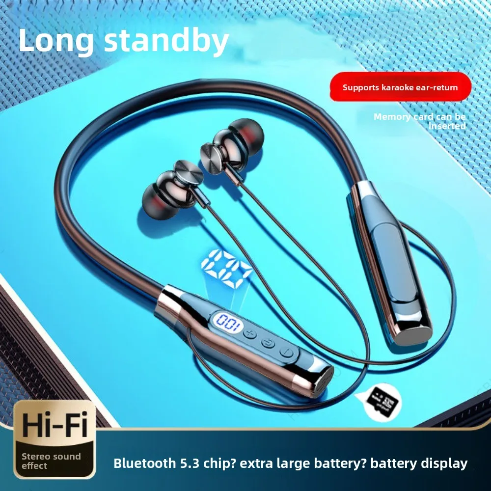 

LED Digital Display Neckband Headphones Waterptoof Neck-mounted Wireless Bluetooth Earphones Mega Bass 3D Stereo Sports Headsets