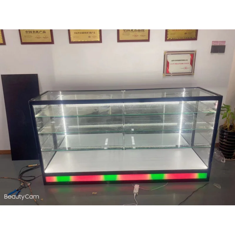 Custom. full glass showcase with flowing LED lights size can custom