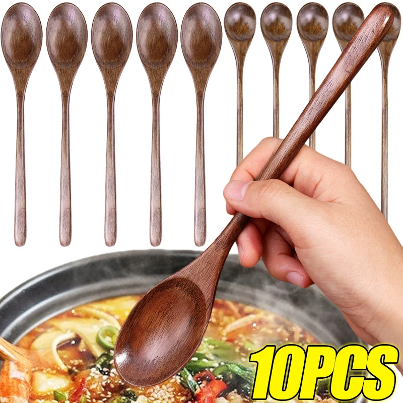 Cuchara de madera de mano larga, cuchara de sopa de madera, cucharas para revolver, postre, miel, café, juego de vajilla, 1/10 Uds.