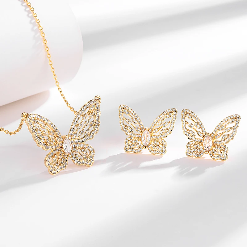 Fashion Classic Two Piece Butterfly Wings Necklace Earnail Zircon Jewelry Set Anniversary Party Gift S2025