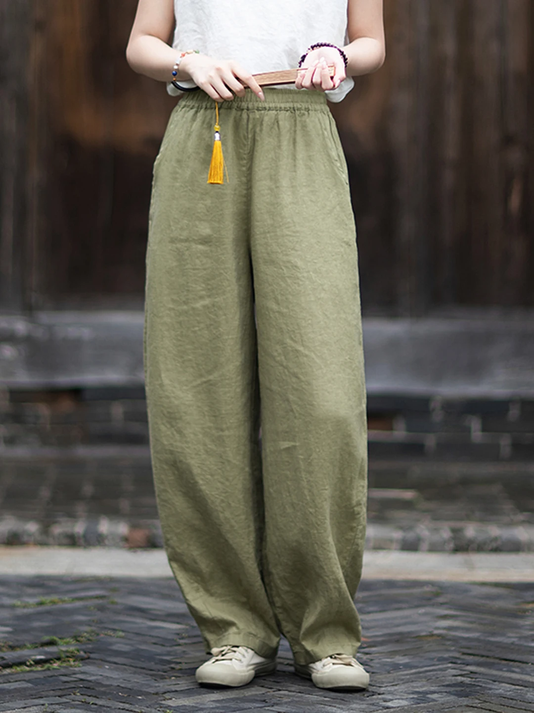 High Waist Pure Linen Casual Pants Women's Style Retro Large Size Wide Leg Full Linen Material Cabbage Leaf Pants