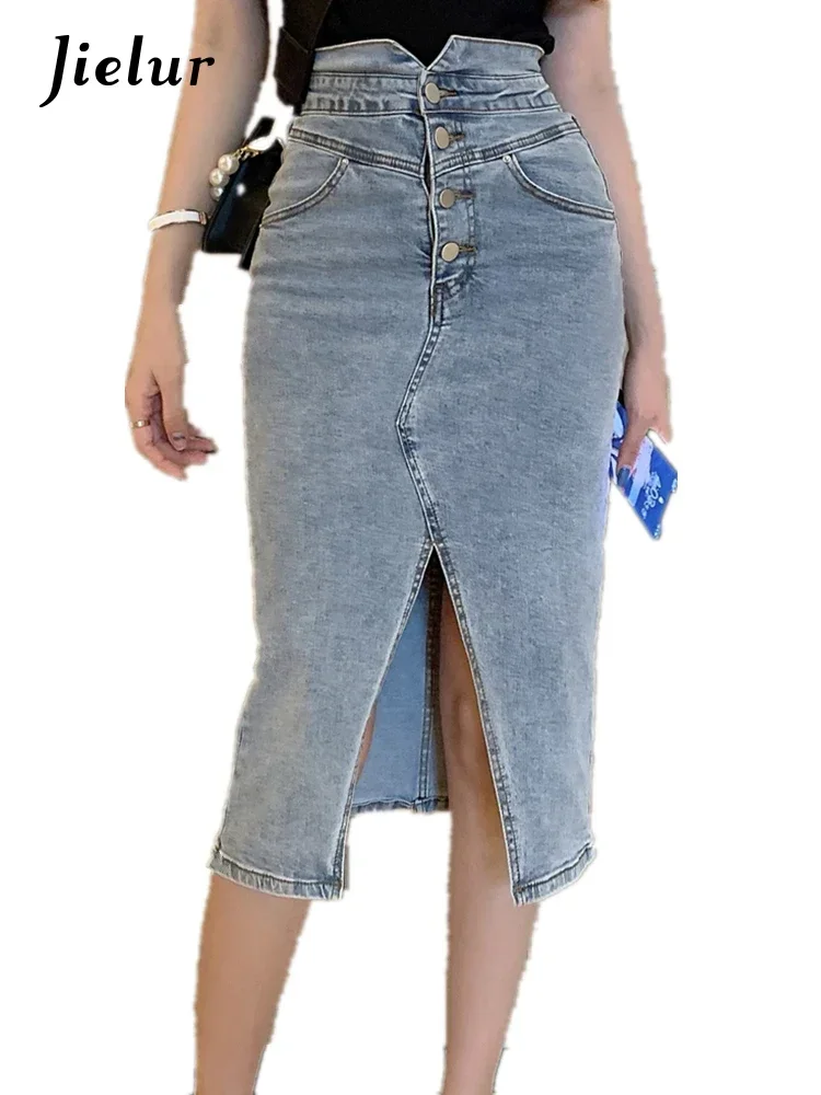 Imagem -06 - Jielur-saia Feminina Dividida Frente Denim Wrap com Botões Jeans de Cintura Alta Saia Midi Lápis Reta Verão Nova