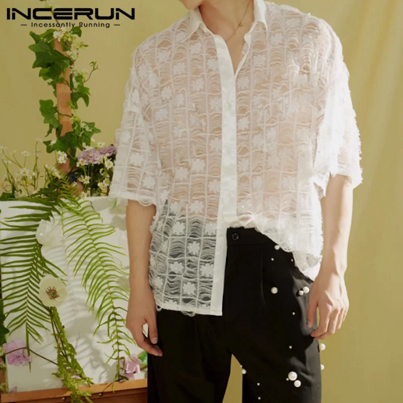

INCERUN Men Shirt Mesh Patchwork Transparent Sexy Lapel Short Sleeve Men Clothing Streetwear Summer 2024 Fashion Casual Camisas