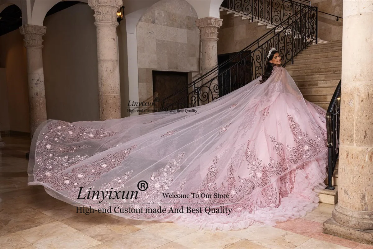Mexican Ball Gown Quinceanera Dresses With Cape Applique Lace Birthday Sweet 16 Customized Crost Ruffles Vestido De 15 XV Anos