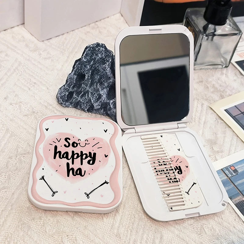 Cartoon Love Pattern Flip-Top Folding Makeup Mirror Portable Pocket Mirror Rectangle Cosmetic Mirror With Comb For Women Girl