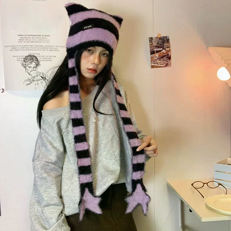 Y2k ثقافة فرعية فتاة حلوة بارد نمط قبعة نجمة مخطط أفخم محبوك قبعة