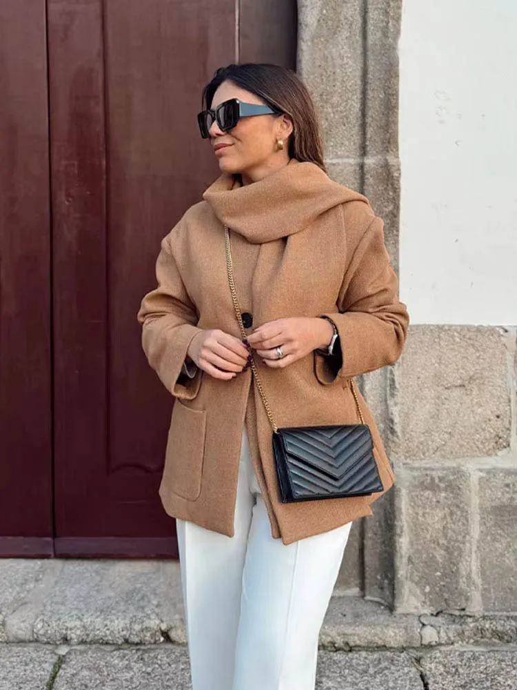 

HH Women Fashion Versatile Blended Scarf Round Neck Long Sleeve Jacket Coat Woman Elegant Warm Pocket Design Outwear 5-Color