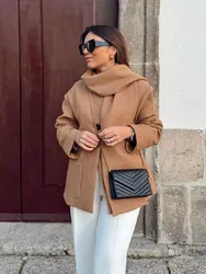 HH Women Fashion Versatile Blended Scarf Round Neck Long Sleeve Jacket Coat Woman Elegant Warm Pocket Design Outwear 5-Color