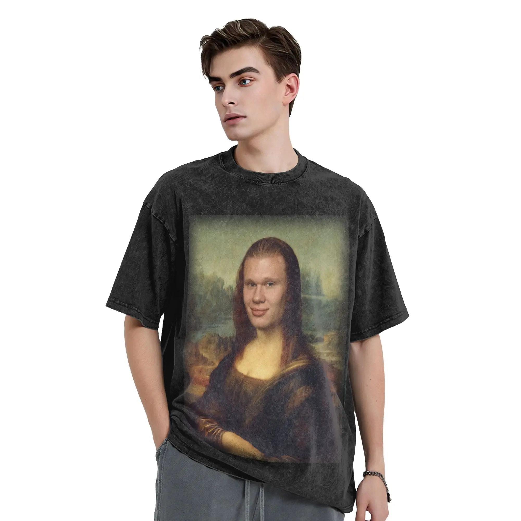 H-Haalands Mona Lisa Funny Soccer Art  Vintage Washed T Shirt Men Cotton Clothing Funny  Crewneck Short Sleeve