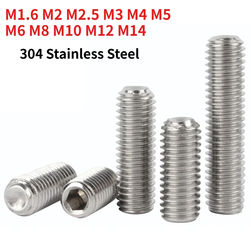 304 Stainless Steel Cup-Point Set Screws, DIN 916 Hex Socket Grub Screws, Concave-End Headless Set ScrewsM1.6 M2 M2.5 M3 M4-M14