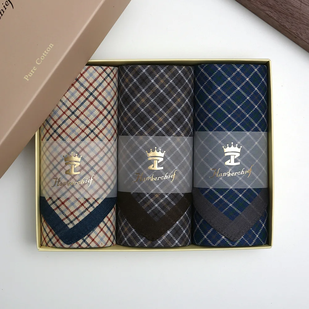 Gift Box Men's Pure Cotton Handkerchief Classic Contrasting Color Plaid Old-fashioned Retro Nostalgic Sweat Towel 43cm