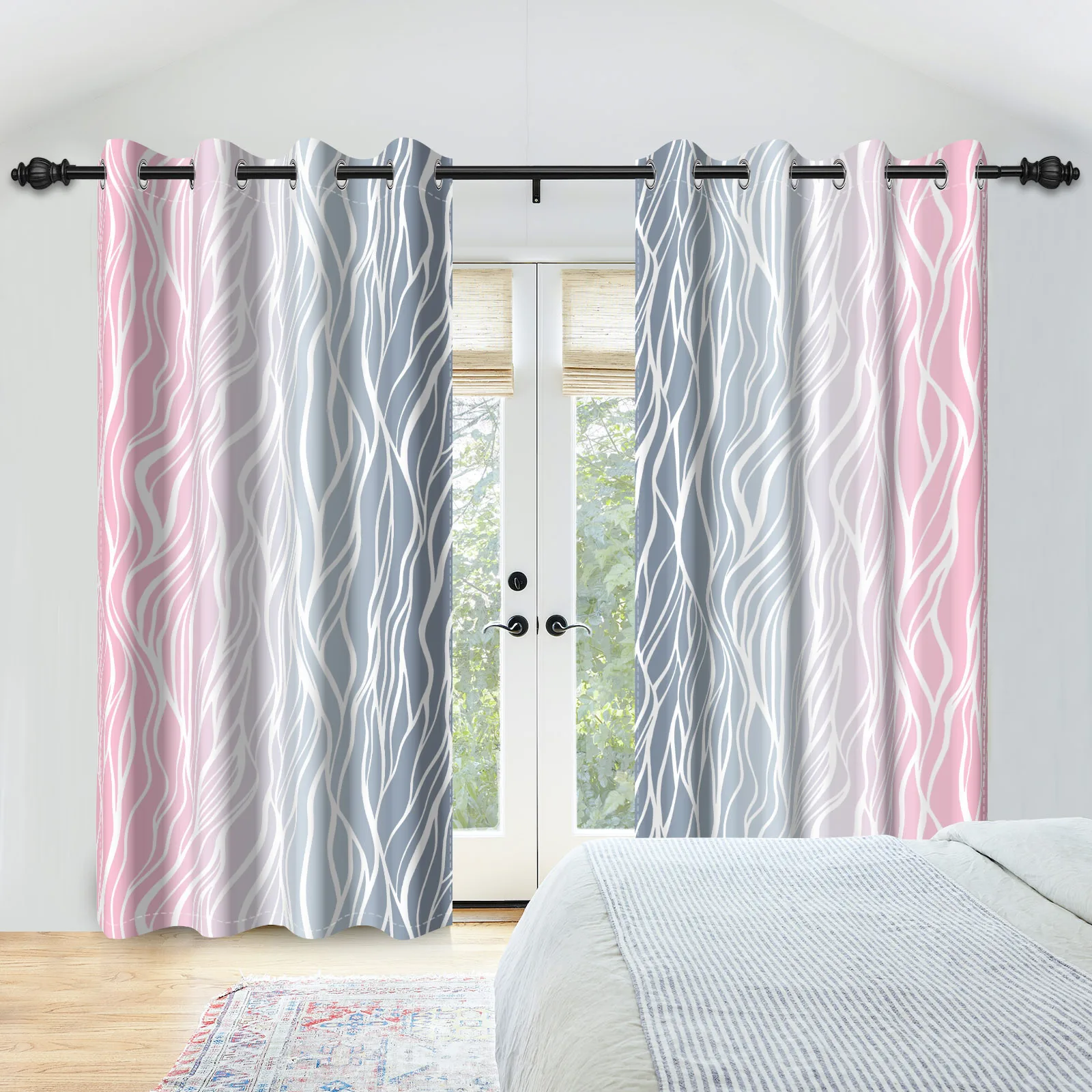 

2pcs/set Pink Grey Curtains Wave Pattern Gradient Color Blackout Thermal Insulated Window Drapes Living Room Bedroom Home Decor