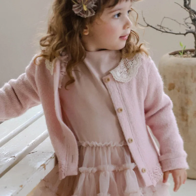 

2025 Autumn Korean Children and Girls Girls Hollow Embroidered Lace Short Knitted Cardigan Jacket Solid Fashion