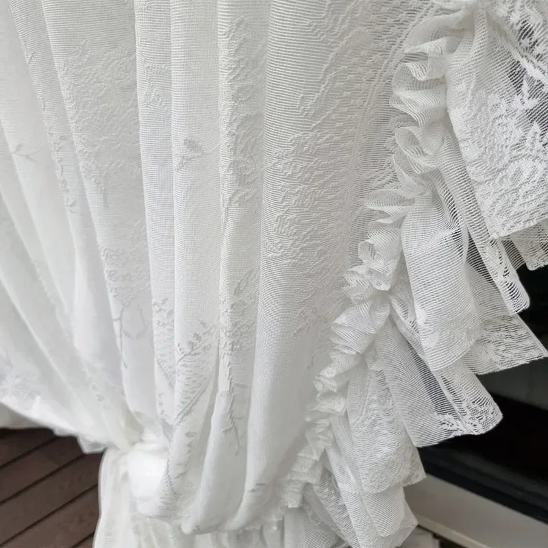 White Ruffled Lace Sheer Curtains for Farmhouse Livingroom Wedding Background Pastoral Jacquard Floral French Window Drapes