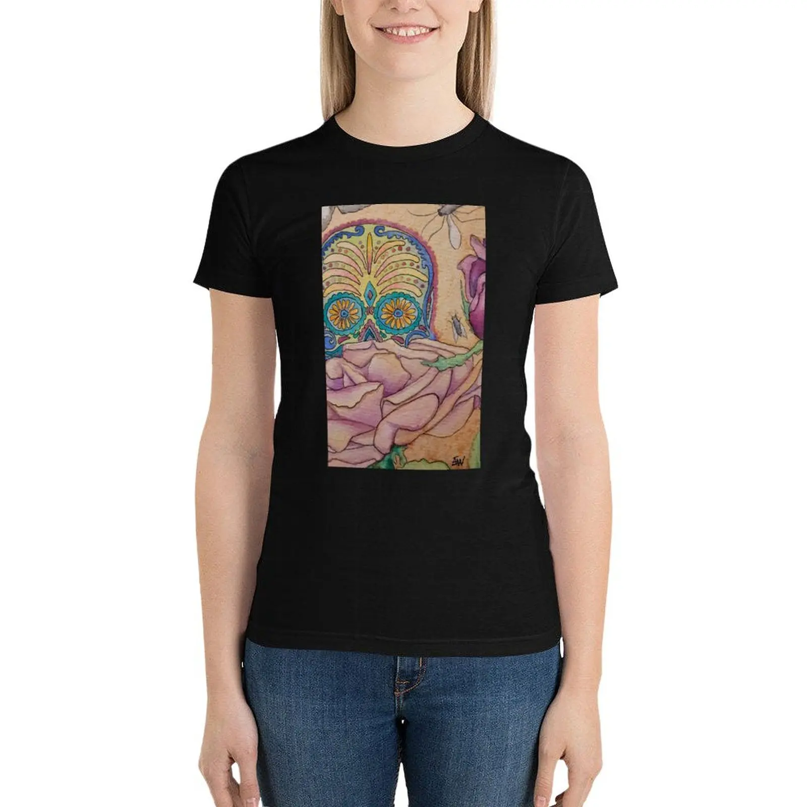 Sugar Skull Hiding Behind Rose T-Shirt tees tops Aesthetic clothing t-shirt dress for Women long