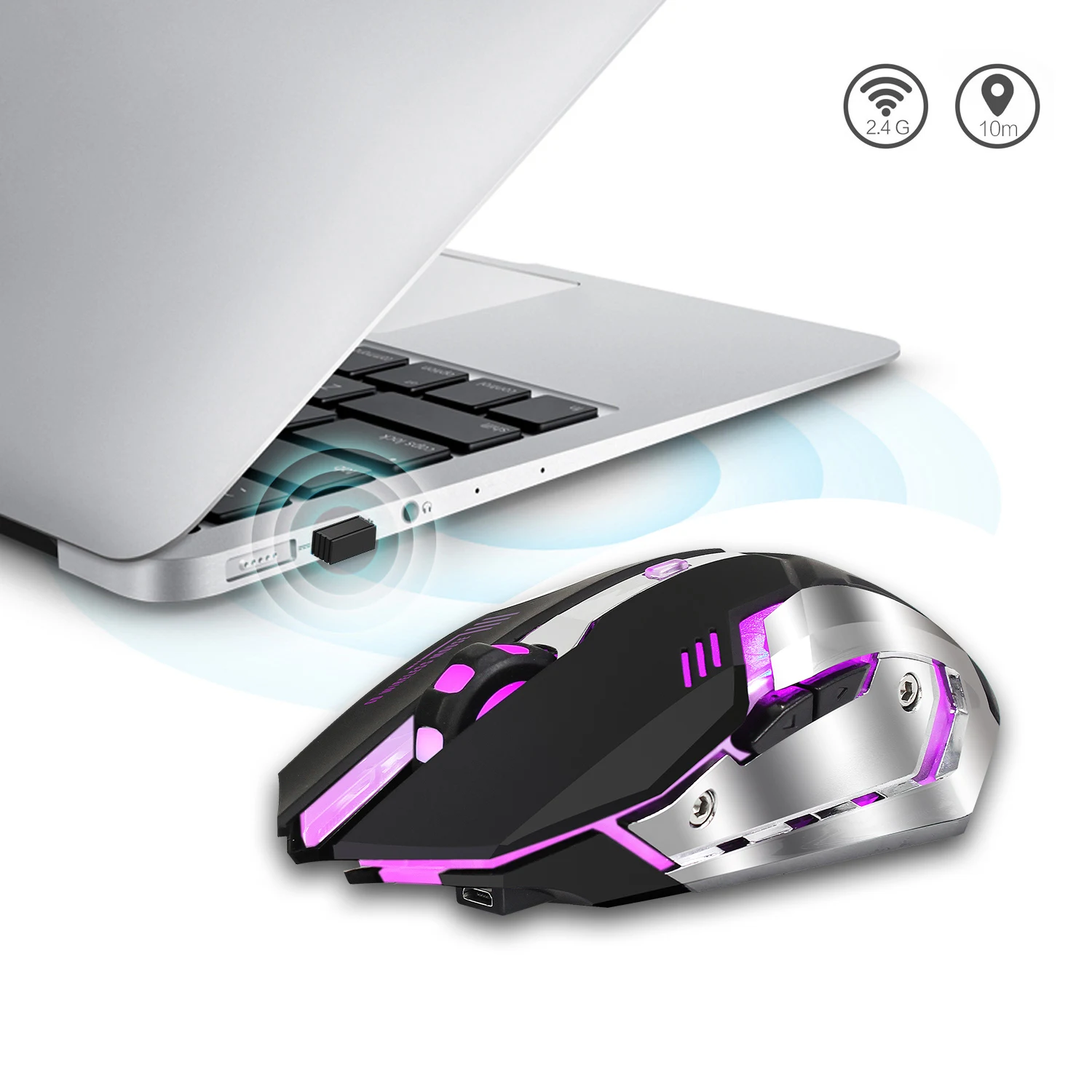 HXSJ-M10 Wireless Gaming Mouse, Recarregável, 7 Color Backlight, Respiração, Comfort Gamer Mice para Computador, Desktop, Laptop, 2400dpi