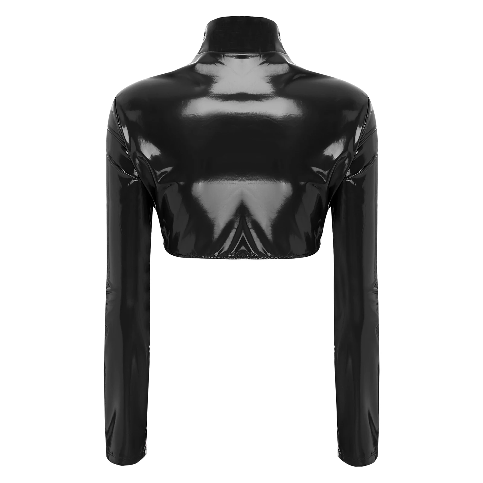 Patent Leather Crop Top for Women Glossy Stand Collar Long Sleeve Front Zipper Arm Sleeve Shrug Slim Top Stylish Clubwear