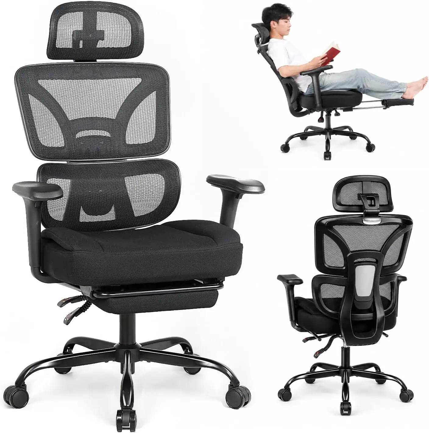 Ergonomic Office Chair Footrest High Mesh Back Computer Desk Chair Back Support 135 Degree Reclining 4D Armrest Headrest 400lbs
