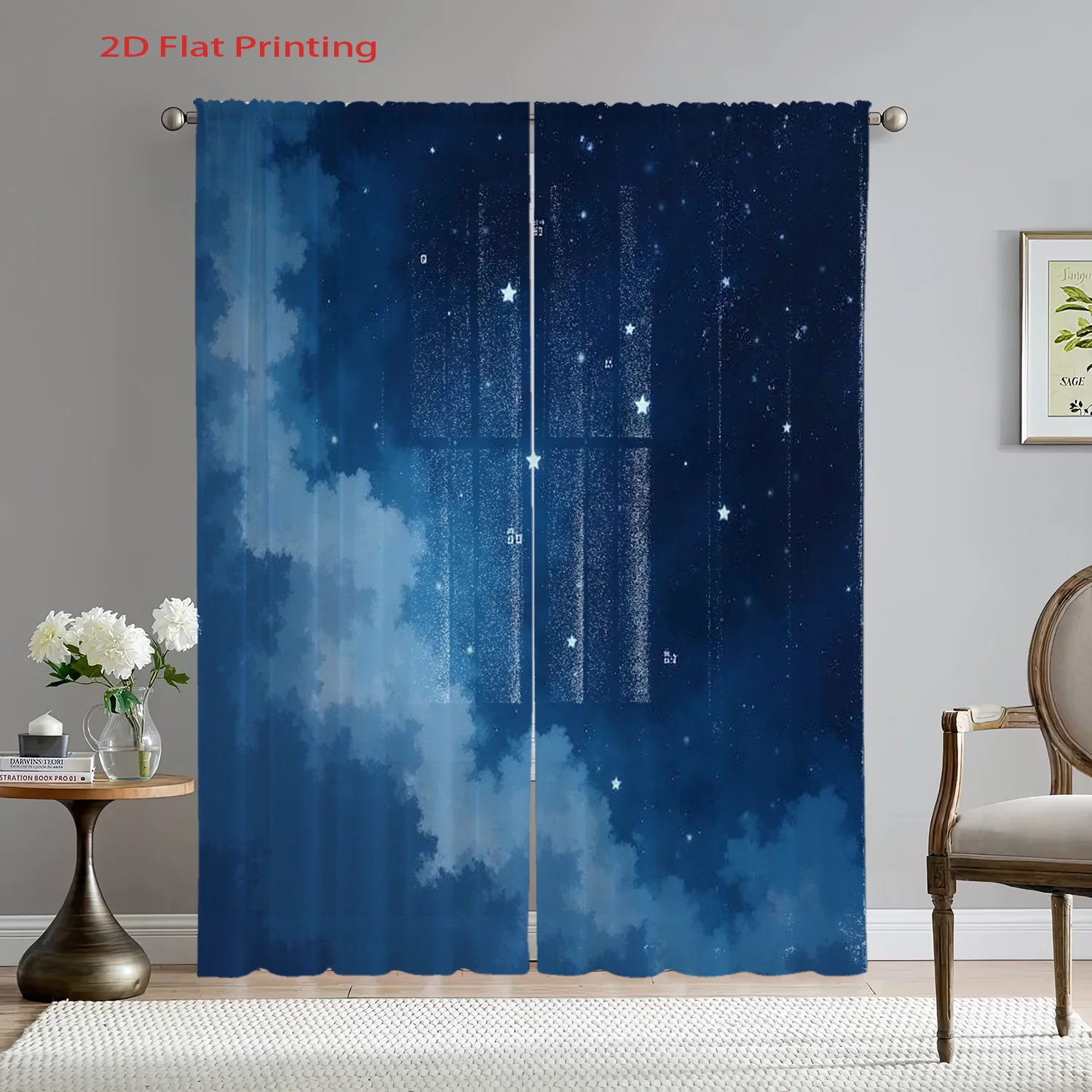 Luxurious Blue Night Sky Galaxy Curtain Drapes Polyester Panel for Bedroom Living Room Space Starry Celestial Home Decor Window