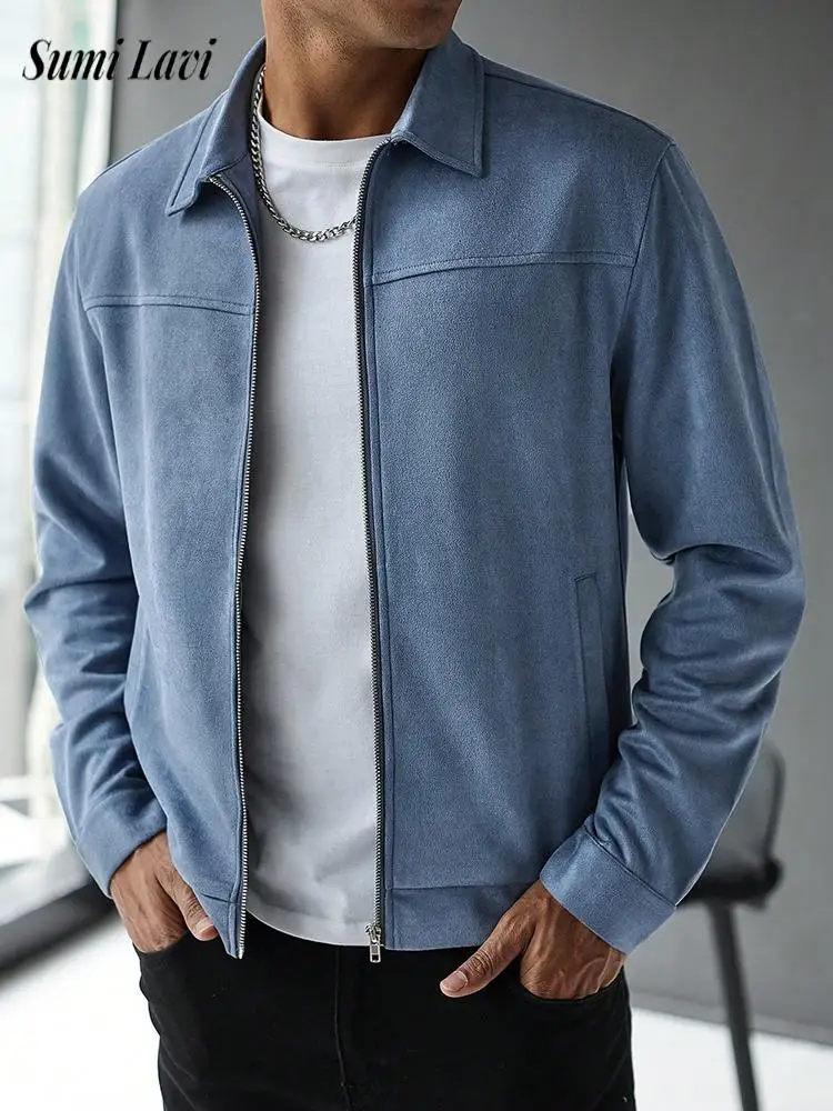 Stylish Mens Solid Color Suede Coats 2026 Autumn New Casual Long Sleeve Slim Jacket Men Streetwear Vintage Zip-up Lapel Jackets