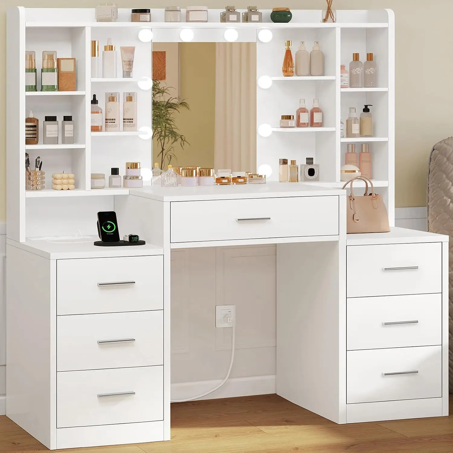 47.2” Large Vanity Desk with LED Lighted Mirror & Power Outlet, Makeup Vanity Desk with 7 Drawers and Lots Open, Customized