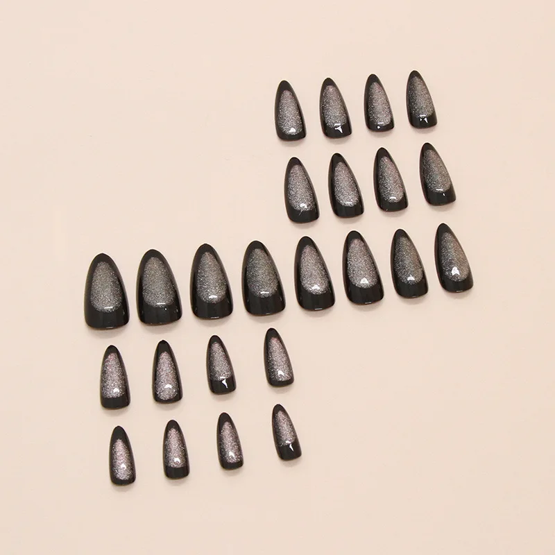 24pcs Glitter Cat's Eye False Nails Glossy Dark Black Style Florid Purple Color Press On Nail Artificial Fake Nail For Cool Girl