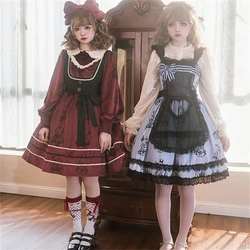 Stile retrò giapponese Lolita Jsk Op Sweet Girls Cosplay Twins Print Bunny Doll Collar abito con grembiule in pizzo con fiocco a righe